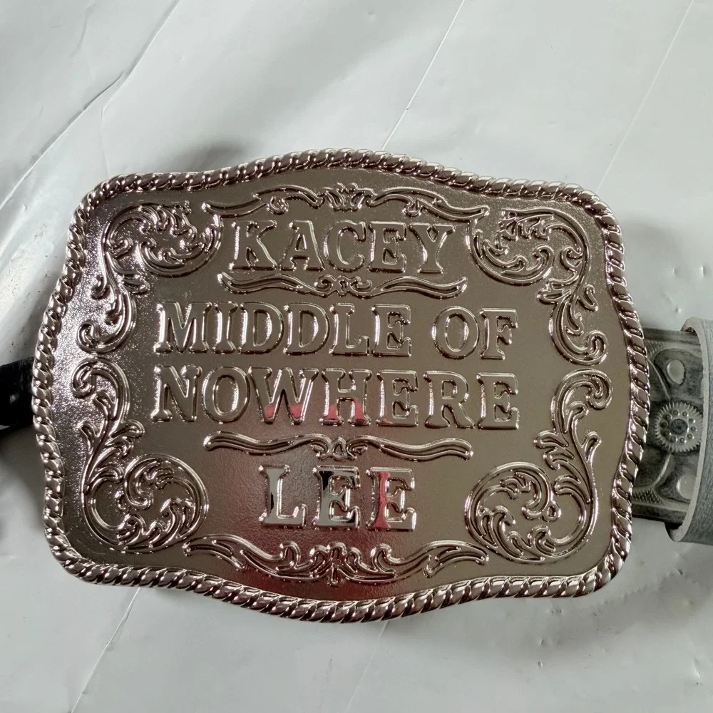 Kacey Lee Women's Leather Belt Middle of Nowhere Western Buckle Blue Size L